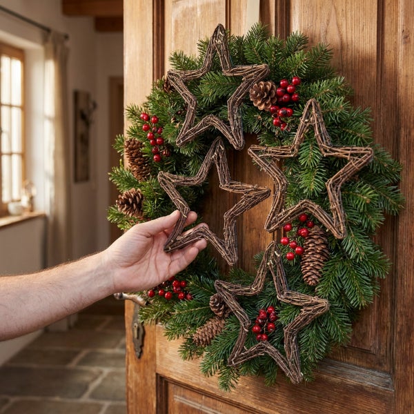 Ein weihnachtlicher Türkranz aus Tannenzweigen geschmückt mit Zapfen, roten Beeren und Sternen aus geflochtenen Zweigen an einer Holztür.