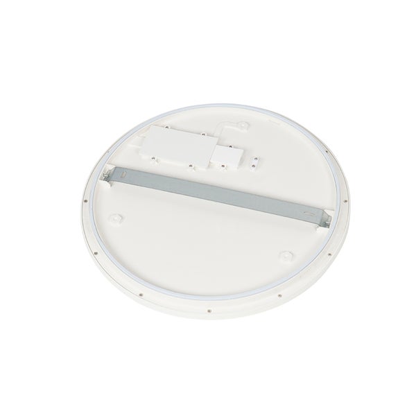 Rückseite eines runden LED-Panels mit Montagebügel aus Metall und Anschlusseinheiten.