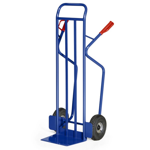 Blaue Sackkarre mit zwei Rädern und rotem Griff.