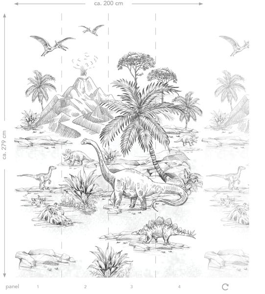 Illustration einer prähistorischen Landschaft mit Dinosauriern, Vulkan und Palmen