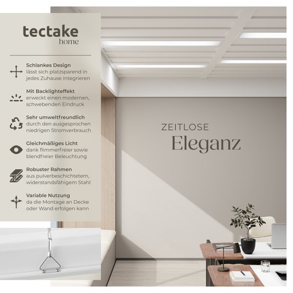 Produktbild Tectake Home: Schlankes Design für eine platzsparende Integration in jedes Zuhause, mit Backlighteffekt für einen modernen und schwebenden Eindruck, umweltfreundlich durch niedrigen Stromverbrauch, gleichmäßiges Licht dank flimmerfreier und blendfreier Beleuchtung, robuster Rahmen aus pulverbeschichtetem, widerstandsfähigem Stahl, variable Nutzung durch Montage an Decke oder Wand.
