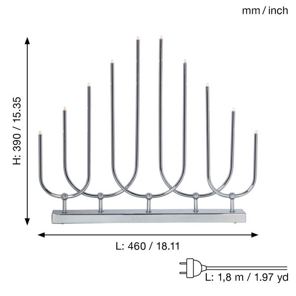 Maße einer silberfarbenen LED Lichterkette mit sieben Leuchten.