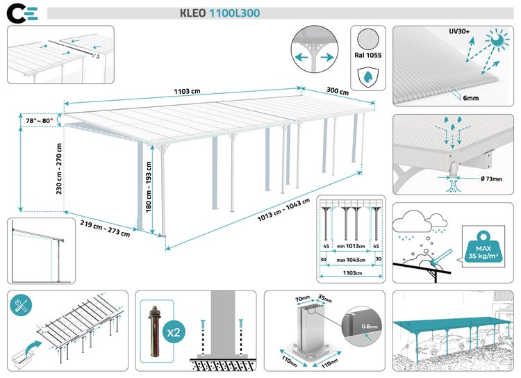 Angebaute Pergola/Carport 33m² KLEO 1100L300 Aluminium Weiß