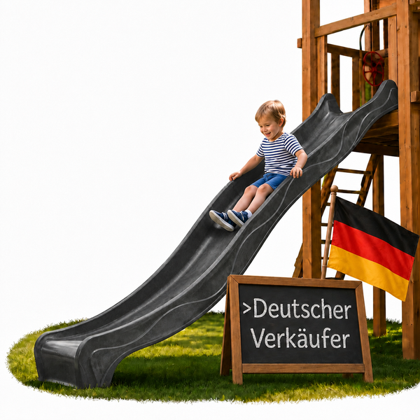 Kind auf einer Wellenrutsche an einem hölzernen Spielturm mit Deutschlandfahne und Schild mit der Aufschrift Deutscher Verkäufer.