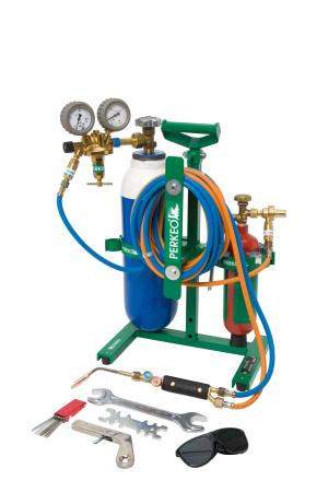 Perkeo Autogenschweiß- und Hartlötgerät Set mit Gasflaschen, Druckminderern, Schläuchen, Brenner und Zubehör auf grünem Tragegestell.