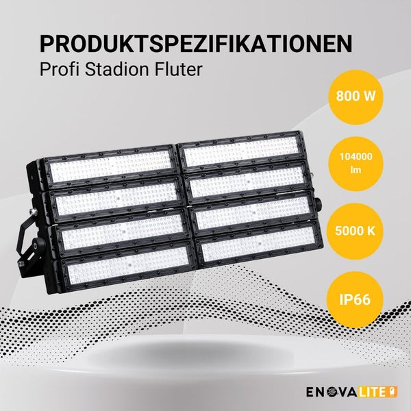ENOVALITE Profi LED Stadion Fluter Flutlichtstrahler 800W 104000Lm 5000K Neutralweiß Strahler IP66 IK10 Meanwell Driver