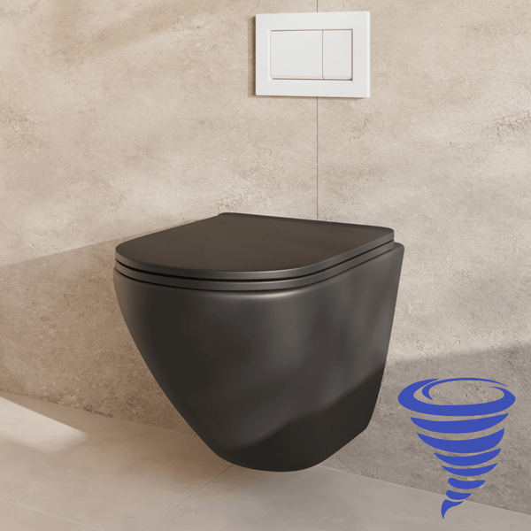 Wandhänge WC mit Spülrandlos-Technologie und Betätigungsplatte an einer gefliesten Wand montiert.