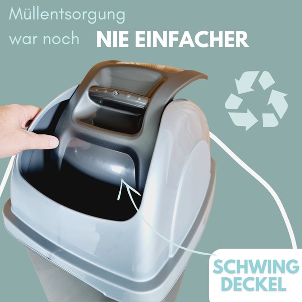 Mülleimer aus Kunststoff mit Schwingdeckel für einfache Müllentsorgung, recyclingfähig.