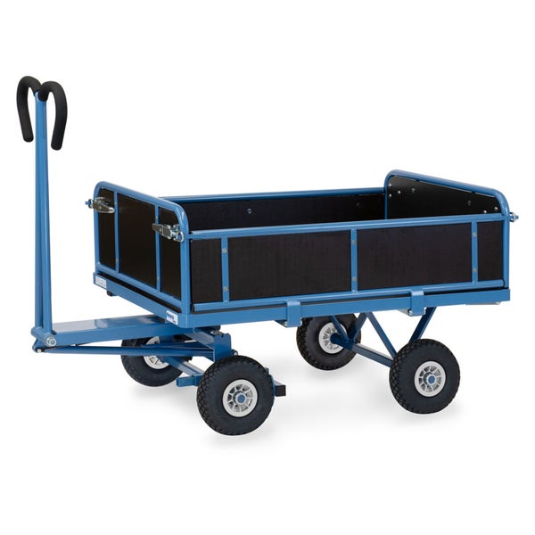 Handwagen mit Luftbereifung, blauem Stahlrahmen, schwarzen Holzwänden und Deichsel mit zwei Handgriffen.