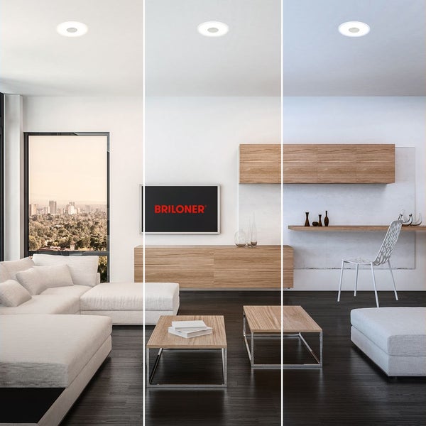 Collage eines Wohnraums mit verschiedenen Lichtstimmungen einer Deckenleuchte