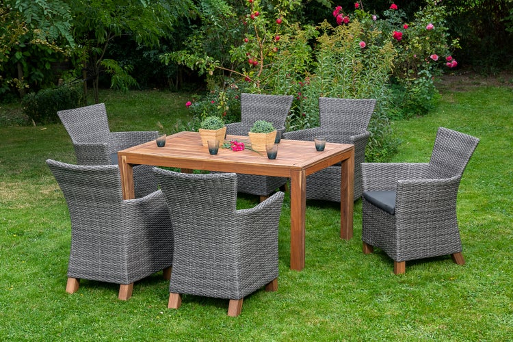 Toskana Gartemöbelset 7tlg., Gartensessel inkl. Auflagen, Ausziehtisch 150 (200) x 90 cm, grau