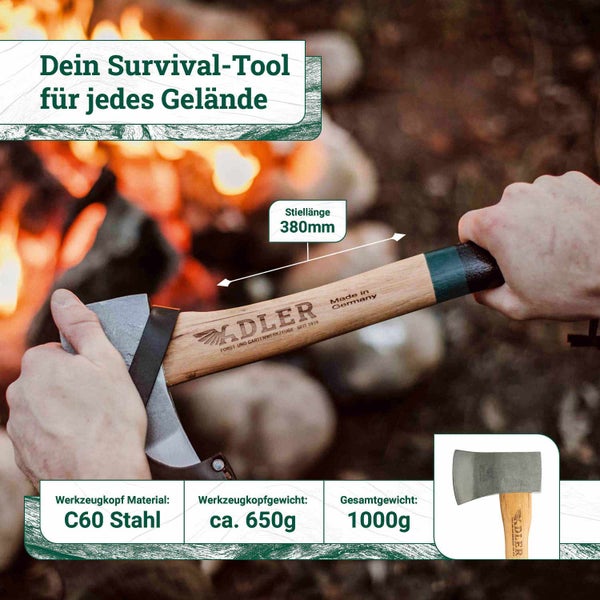 Adler Spaltaxt mit Holzstiel, Stiellänge 380 Millimeter, Kopf aus C60 Stahl, Kopfgewicht 650 Gramm, Gesamtgewicht 1000 Gramm, Made in Germany.