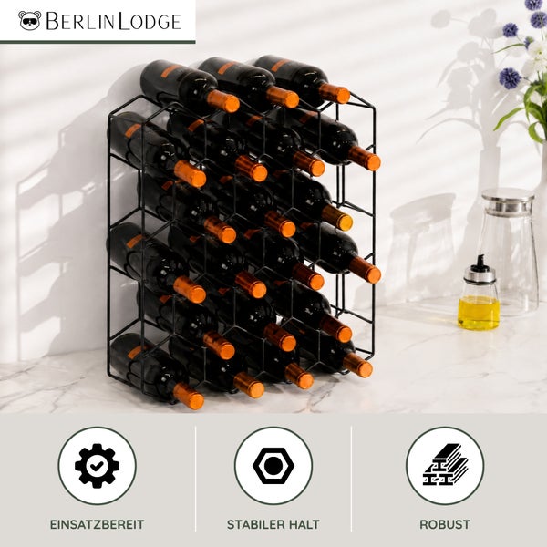 Schwarzes Weinregal aus Metall mit Weinflaschen, Berlin Lodge Logo, Symbole für einsatzbereit, stabiler Halt und robust.