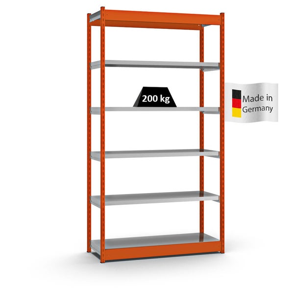 PROREGAL Fachbodenregal Stecksystem Vierkant-Profil Grundregal HxBxT 250 x 132,5 x 40 cm 6 Ebenen Einseitige Bauart Fachlast 200 kg Orange