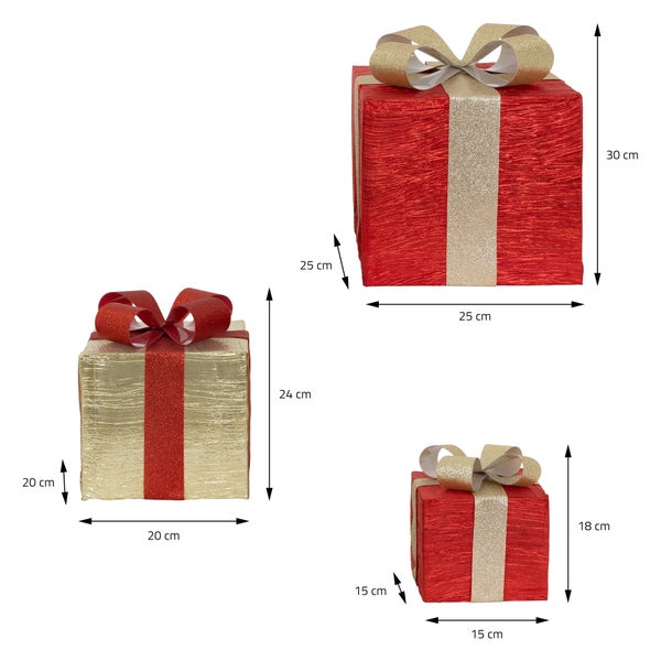ECD Germany 3er Set LED Geschenkboxen mit 90 warmweißen LEDs, Rot-Gold, Drahtgestell, Weihnachtsdeko Innen, Beleuchtete Geschenkbox batteriebetrieben mit Timer, Weihnachtsdeko Weihnachtsgeschenkbox