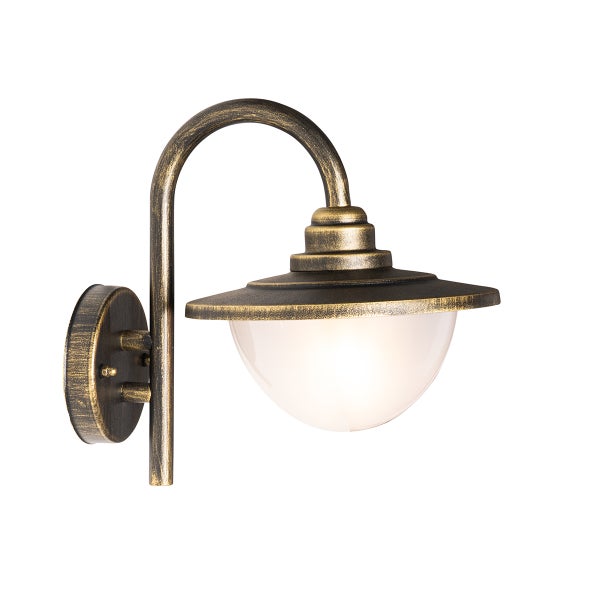 Außenwandleuchte im Antik-Stil mit geschwungenem Metallarm und weißem Glasdiffusor.