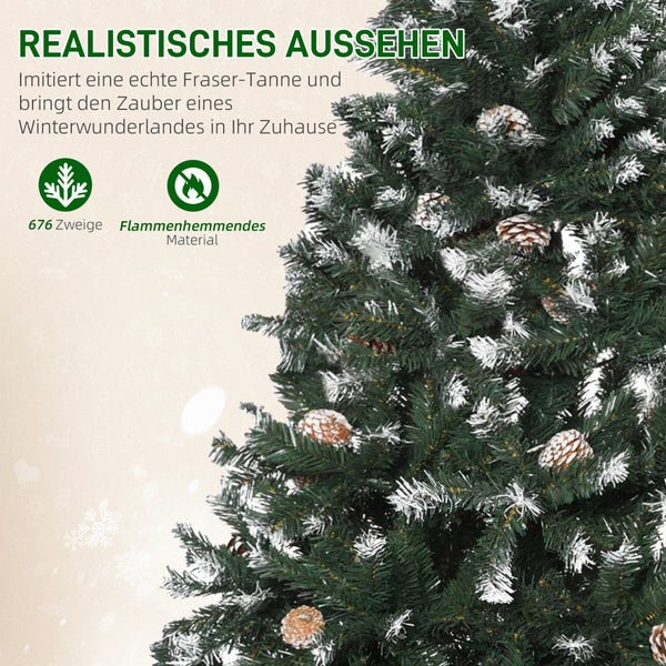 Künstlicher Weihnachtsbaum Fraser-Tanne mit 676 Zweigen, Zapfen, Schneeeffekt und aus flammenhemmendem Material.