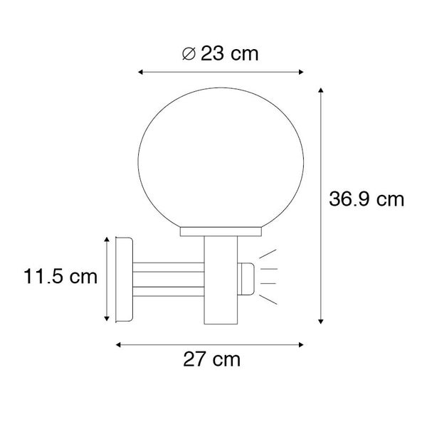 Maßzeichnung einer Außenwandleuchte mit Bewegungsmelder: Höhe 36,9 Zentimeter, Tiefe 27 Zentimeter, Kugeldurchmesser 23 Zentimeter.