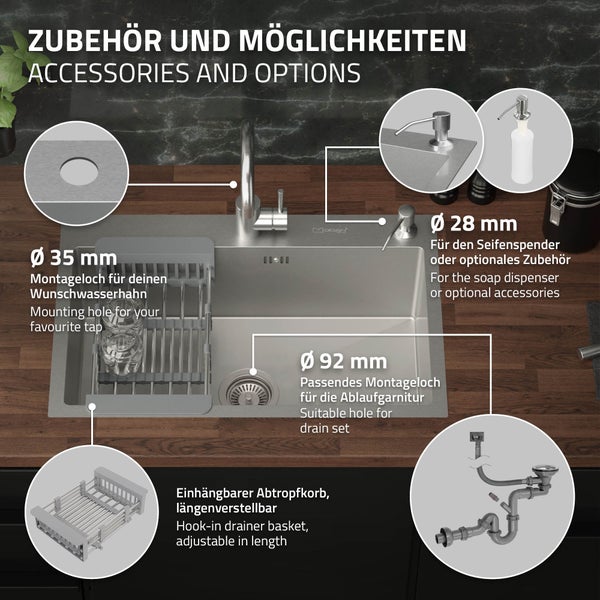 ML-Design Spülbecken Edelstahl 68x45 cm Küchenspüle rechteckig, 1 Becken Einbauspüle, Edelstahlspüle mit Ab- und Überlaufgarnitur, Abtropfkorb, Seifenspender, Waschbecken Küche Einzelbecken mit Siphon