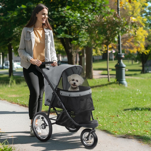 PawHut Hundewagen Jogger Hundebuggy klappbar für kleine Hunde & Katzen bis 10 kg Katzenbuggy mit 3 große Gummiräder, Kissen Netzfenstern Aufbewahrungskorb Katzenwagen mit Sicherheitsleinen, Grau