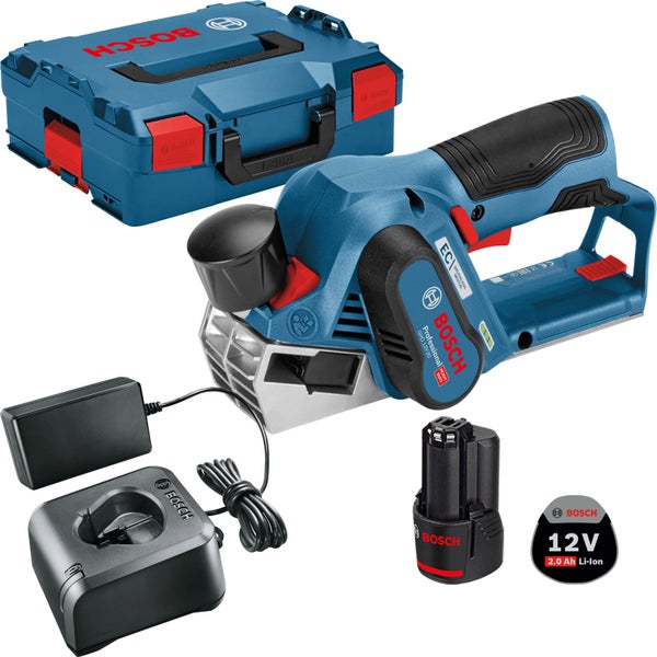 Bosch Professional Akku-Hobel GHO 12 Volt inklusive 2,0 Amperestunden Akku, Ladegerät und L-BOXX Transportkoffer.