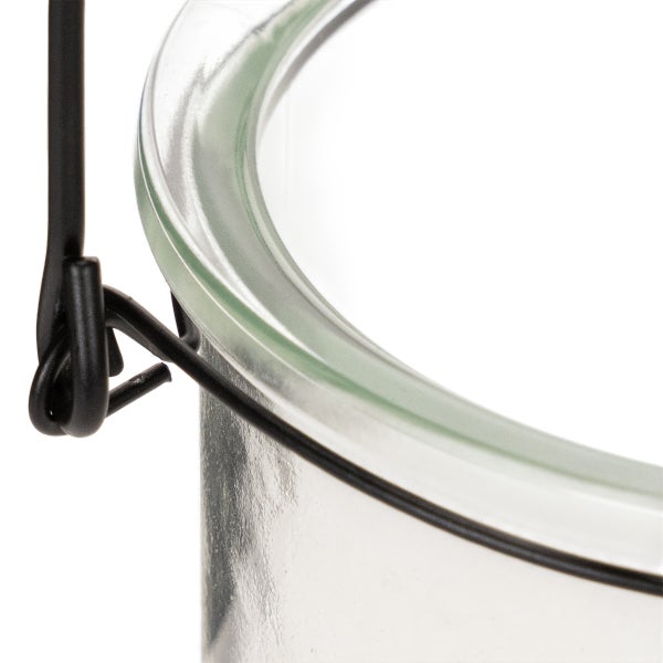 Detail eines Glasgefäßes mit einem schwarzen Metalldrahtbügel am Rand.