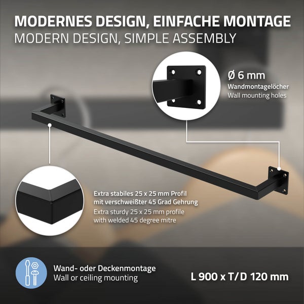 ML-Design 2er Set Kleiderstange Rechteck für die Wand, T12cm x B90cm, Schwarz, aus Stahl, Garderobenstange U-Form, Kleiderständer Wandmontage, Kleidergestell Garderobenhalter, inkl. Montagematerial