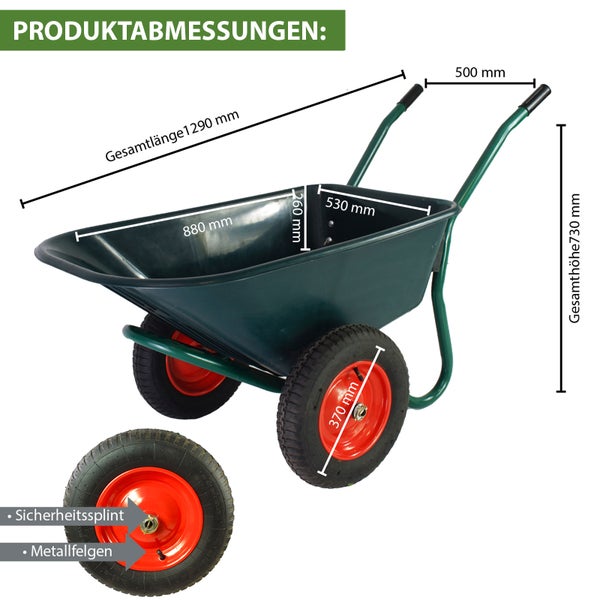 2-Rad Schubkarre 100 L 160 kg Gartenschubkarre Lufträder Stahlfelge kippsicher Kunststoffwanne