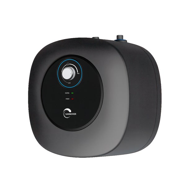 Schwarzer Sannover Elektro Warmwasserspeicher mit einem Drehregler sowie Kontrollleuchten für Heizung und Stromversorgung.