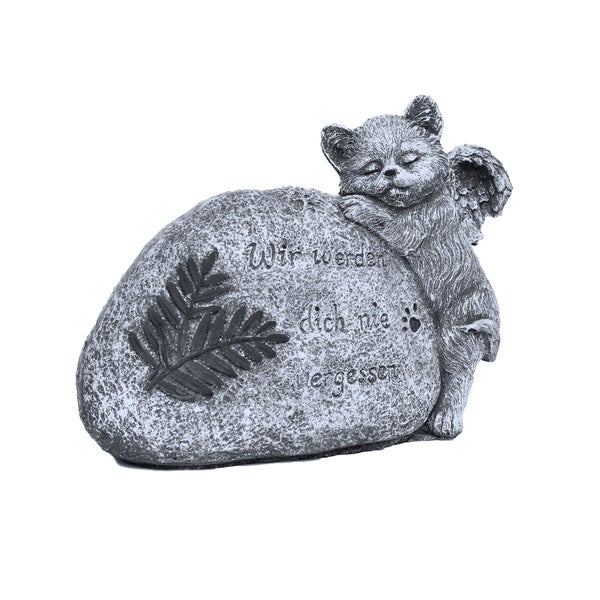 Grabschmuck für Haustiere als Stein mit schlafender Katze mit Flügeln und Inschrift Wir werden dich nie vergessen