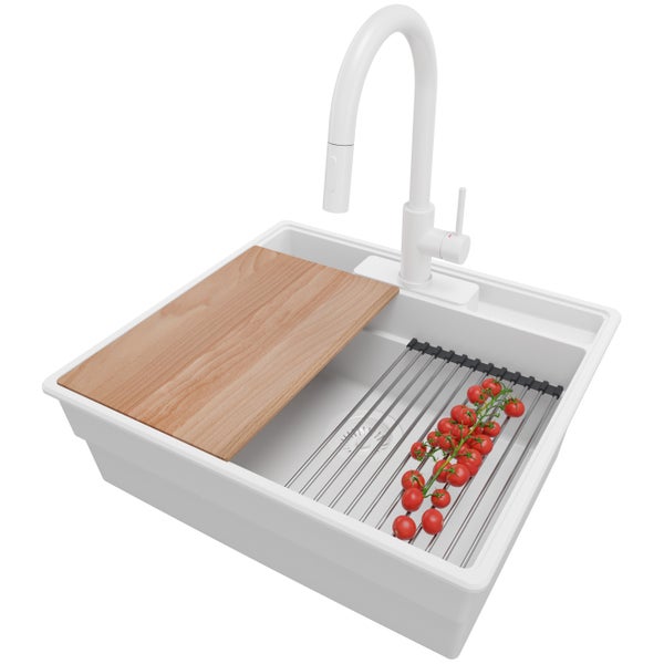 PRIMAGRAN Granitspüle Alles Weiß 58x53cm, Spülbecken 1 Becken + Küchenarmatur 40x20cm + Ablauf-Set + Küchenzubehörset, Küchenspüle ab 60er Unterschrank - New York