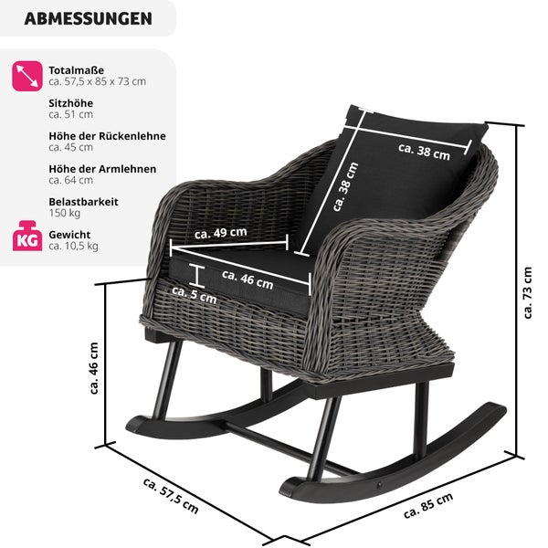 Rattan Schaukelstuhl tectake Rovigo 57,5 x 85 x 73 cm natürlich nachempfundenes Geflecht mit Aluminiumgestell grau