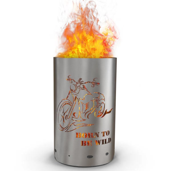 Feuertonne aus Metall mit Motorradmotiv und dem Schriftzug Born to be wild