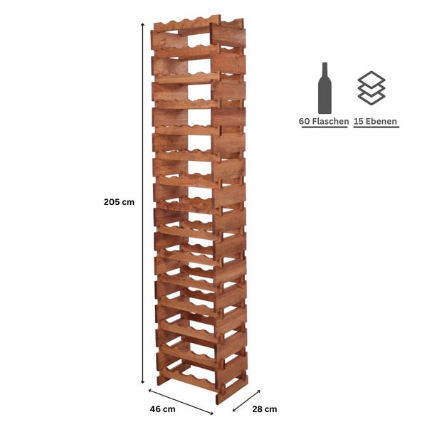 Weinregal VINOTECA FLEX PRO HxBxT 205x46x28cm 60 Flaschen auf 15 Ebenen Massives Kiefernholz Braun geölt