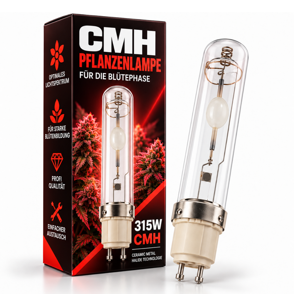CMH Pflanzenlampe 315 Watt für die Blütephase mit Keramik Metallhalogenid Technologie und Verpackung.