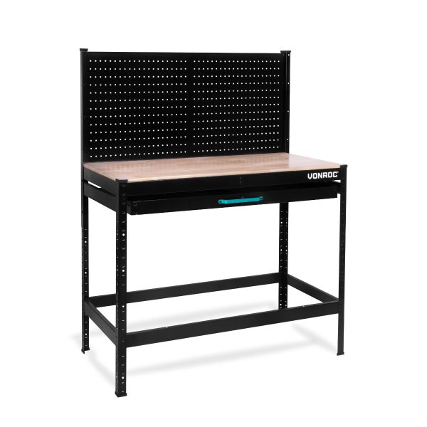 VONROC Werkbank / Arbeitstisch - Lochrückwand und Schublade - Belastbarkeit 130kg - Inkl. 15 Haken