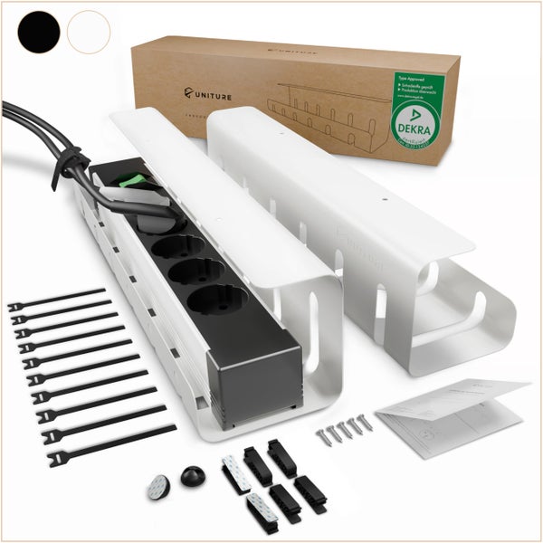 UNITURE Kabelmanagement-Set mit zwei weißen Kabelwannen aus Metall, Steckdosenleiste, Kabelbindern, Clips, Schrauben und Anleitung. DEKRA zertifiziert.