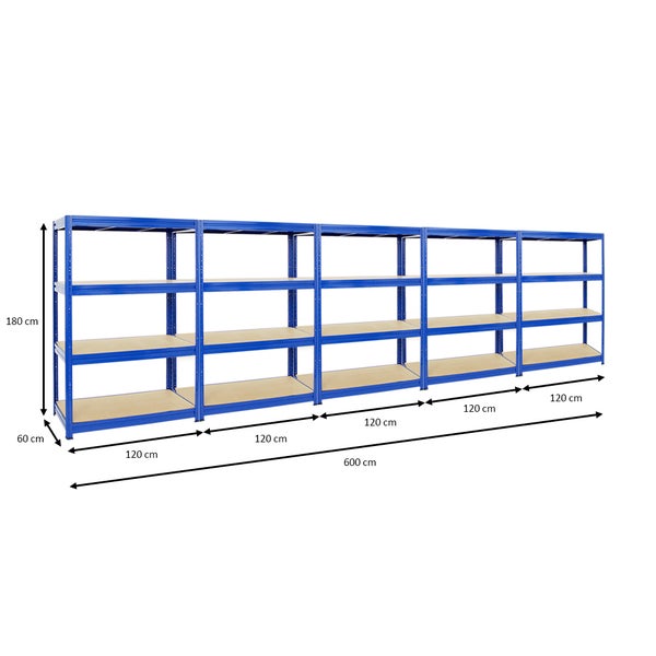 PROREGAL Mega Deal 5x Schwerlastregal Dino HxBxT 180 x 120 x 60 cm Fachlast 600 kg Blau