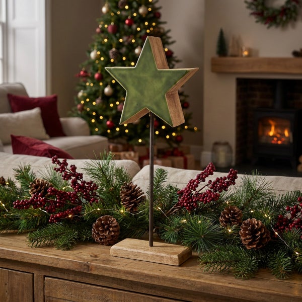 Weihnachtsdekoration Stern aus Holz und Keramik auf Standfuß, platziert auf einem Holztisch mit Tannengirlande vor einem Weihnachtsbaum.