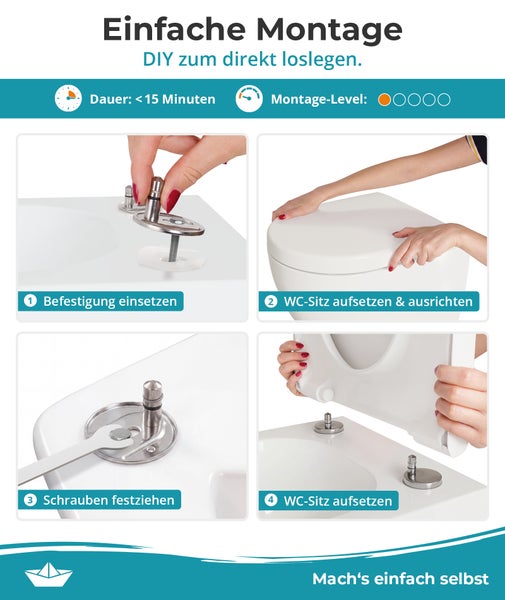 Schritt für Schritt Anleitung zur Montage eines WC Sitzes mit einer Dauer von unter 15 Minuten.