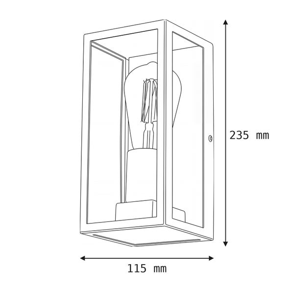 Maßzeichnung einer rechteckigen Wandleuchte mit einer Höhe von 235 Millimeter und einer Breite von 115 Millimeter.