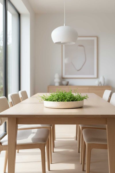 Modernes helles Esszimmer mit Holztisch Stühlen einer Pendelleuchte und einer Pflanzenschale im minimalistischen Stil.
