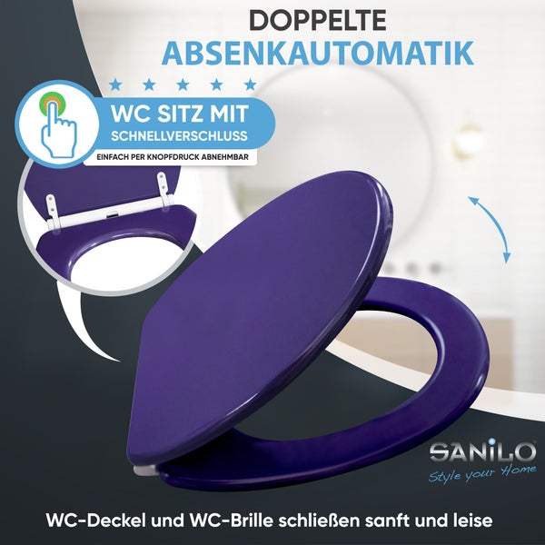 Lila Toilettensitz mit doppelter Absenkautomatik und Schnellverschluss zum einfachen Abnehmen. Sanilo Logo.