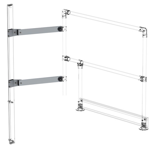 Darstellung eines Raumtrennsystems mit transparenten Rohren und Befestigungselementen