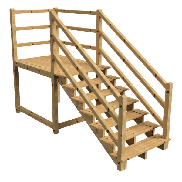 Holztreppe mit Plattform und Geländer