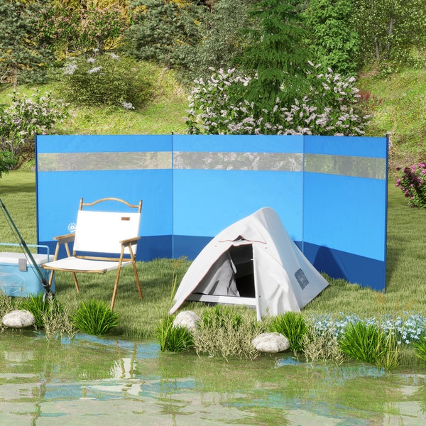 Outsunny Windschutz faltbar Camping Sichtschutz mit Lichtquellenfenster Heringen Seilen Windfang Zaun Strandwindschutz Strandschutz für Camping Garten, Strand, Terrasse 440 x 140 cm Blau