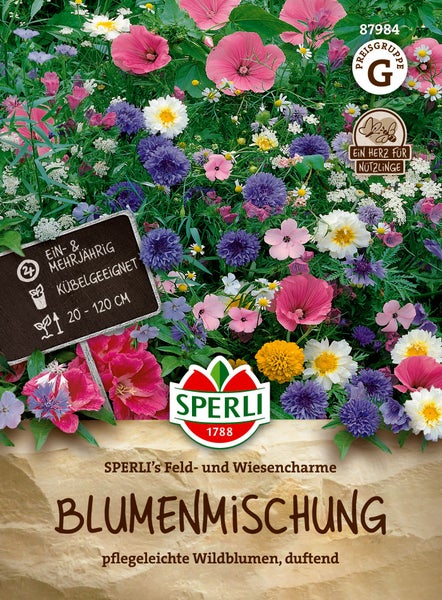 Samenpaket Sperli Feld- und Wiesenscharme Blumenmischung mit pflegeleichten ein- und mehrjährigen Wildblumen für Beete und Kübel.