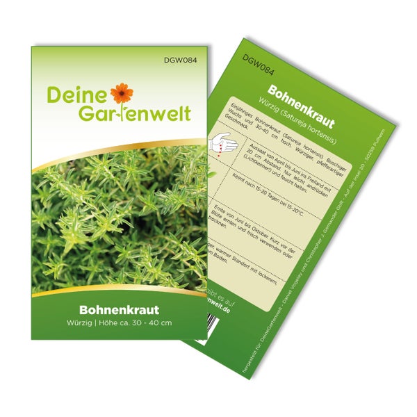 Samentüte Bohnenkraut von Deine Gartenwelt, einjährige Gewürzpflanze, Wuchshöhe circa 30 bis 40 Zentimeter, Deine Gartenwelt Logo.