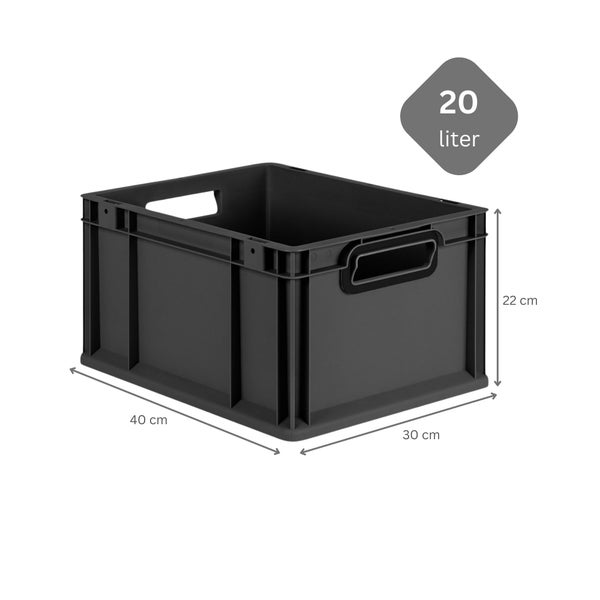 PROREGAL SuperSparSet 8x Eurobox NextGen Color mit Auflagedeckel und Schiebeschnappverschlüsse, HxBxT 22x30x40cm, 20 Liter, Schwarz, Griffe schwarz offen, Eurobehälter, Transportbox, Transportbehälter, Stapelbehälter