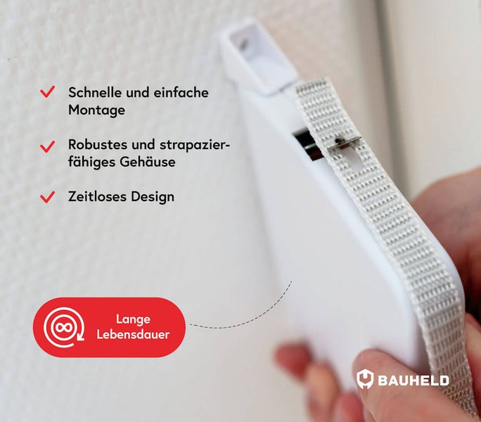 Detailansicht einer weißen Jalousie mit Textinformationen zu Montage, Gehäuse und Design